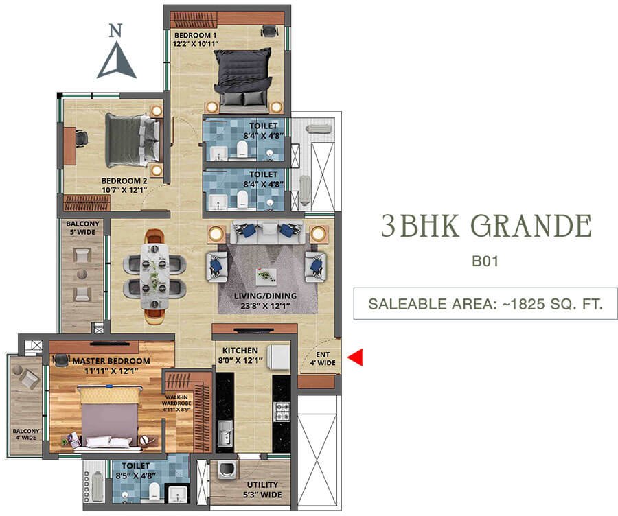 Floor Plan TVS Emerald Isle Of Trees - 3BHK-Grande
