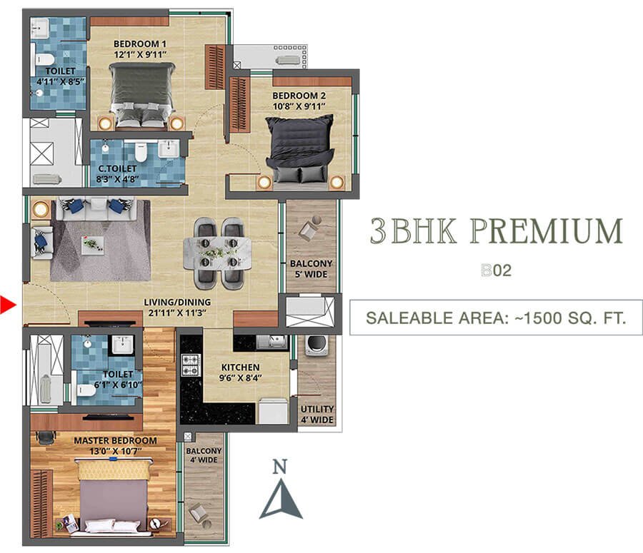 Floor Plan TVS Emerald Isle Of Trees - 3BHK-Premium